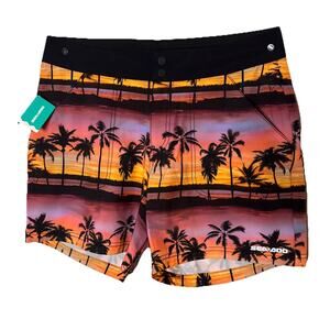 Sea-Doo Board Shorts Women Medium Swim Trunks Palm Trees Beach Sunset NWT